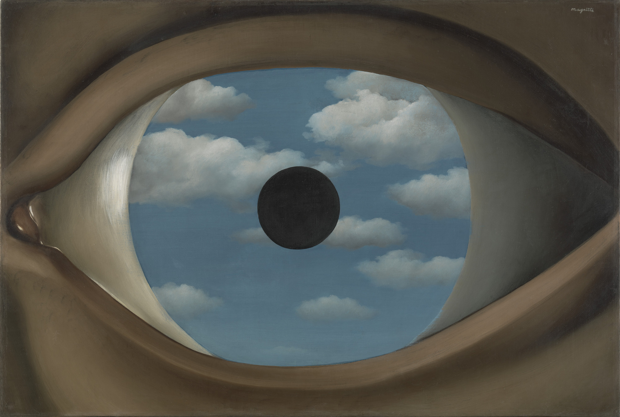René Magritte, The False Mirror, 1928 — a painting of an eye with a cloud-filled blue sky in place of the iris, a black disc at its center.